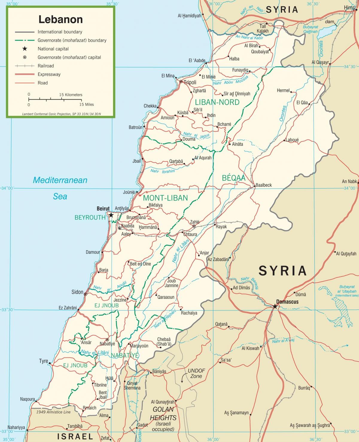 Líbano estradas mapa