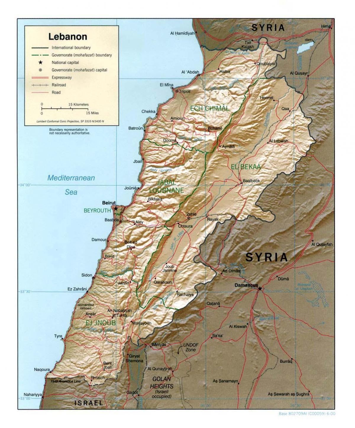 mapa topográfico do Líbano